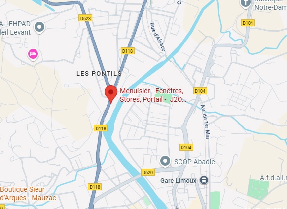 Carte de Limoux, secteur Les Pontils, avec repère Menuisier - Fenêtres, Stores, Portail (J2O). Visible routes D118, D104, D623, gare.