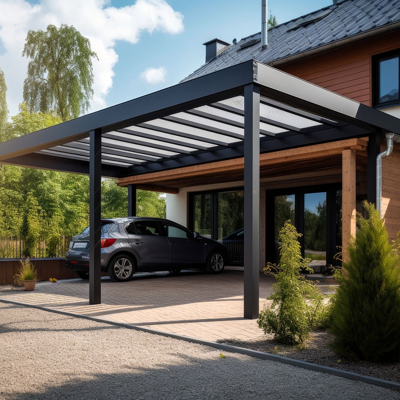 Carport moderne gris anthracite à toit plat devant une maison contemporaine. Une voiture est garée sur les pavés, entourée de verdure.