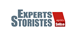 Logo Experts Storistes approuvé Soliso. Texte gris "Experts STORISTES" et texte blanc "approuvé Soliso" sur fond rouge.